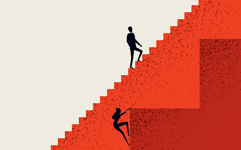 An illustration of a man easily climbing stairs vs. a woman who is climbing giant ledges.