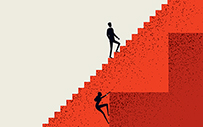 An illustration of a man easily climbing stairs vs. a woman who is climbing giant ledges.