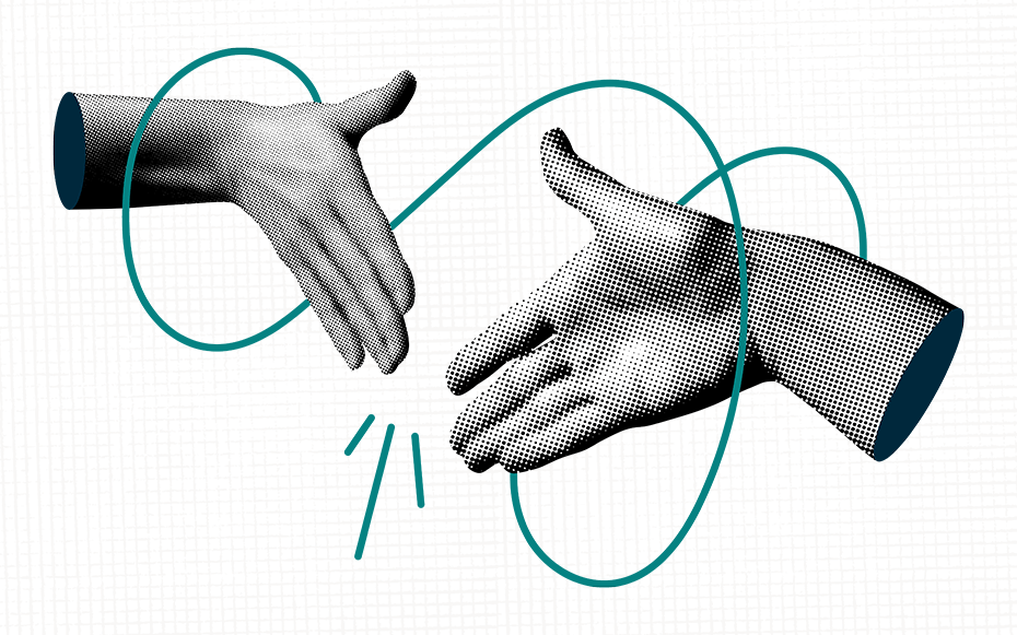 Two isolated hands go in for a handshake. An abstract line loops around them and connects them to one another.