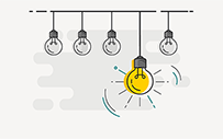 An illustration of one lightbulb lit in a row of unlit lightbulbs.