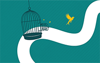 A bird flies free from a cage.