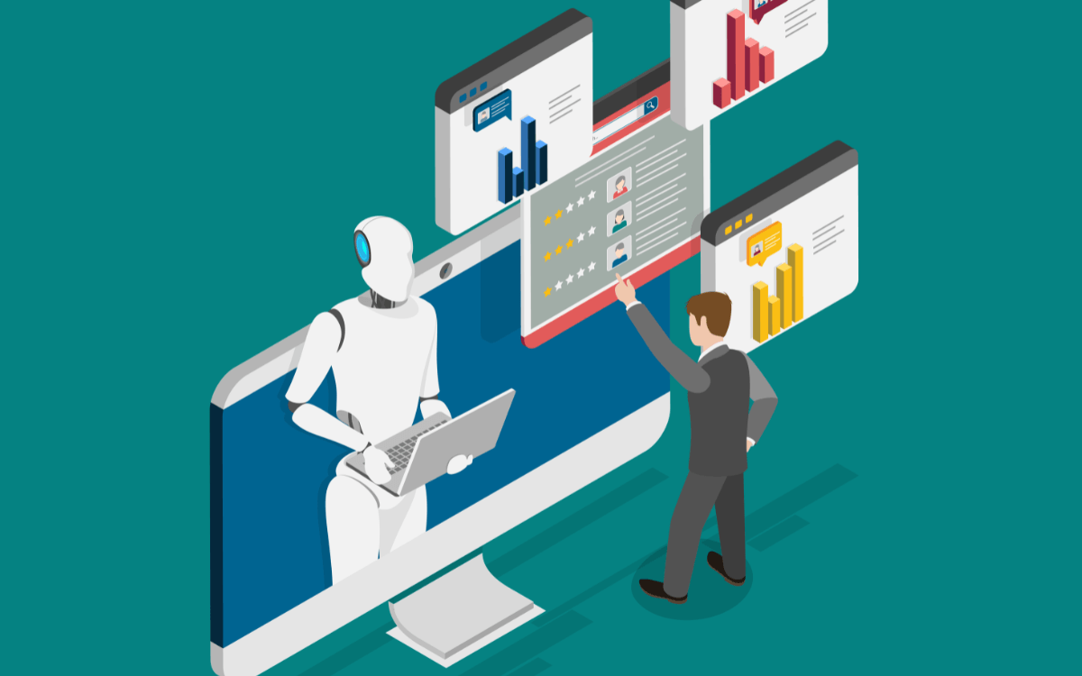 An illustration of a man and a robot deploying computer programs.
