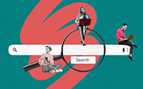 An image composition of people sitting on a web search bar.