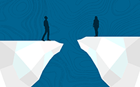A silhouette of two people standing on icebergs.