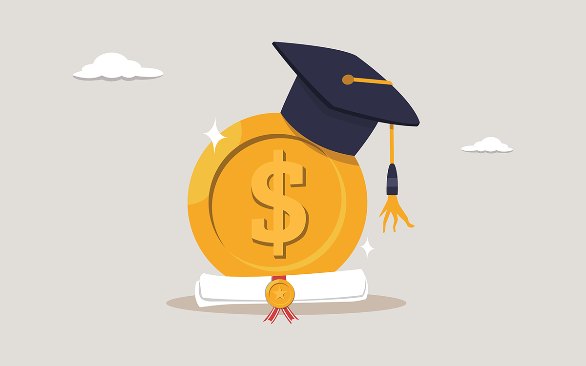 A diploma and graduation cap surround a golden coin.