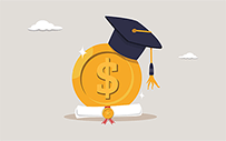 A diploma and graduation cap surround a golden coin.