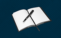 An image of a journal on a dark blue background.