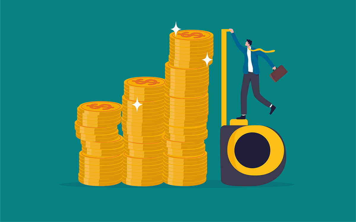 An illustration of a man measuring a stack of coins.