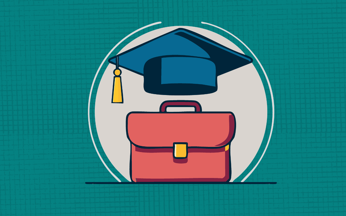 An illustration of a graduation cap on top of a briefcase.