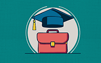 An illustration of a graduation cap on top of a briefcase.