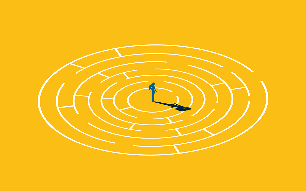 An illustration of a person standing in the center of a circular maze.