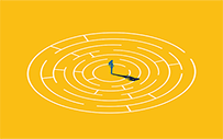 An illustration of a person standing in the center of a circular maze.