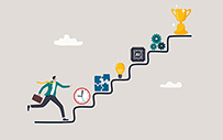 An illustration of a man ascending a staircase of skill icons.