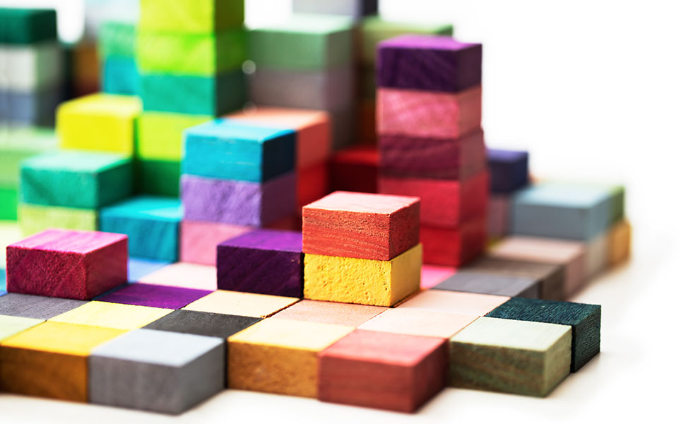 Stacks of blocks in different sizes and different colors.