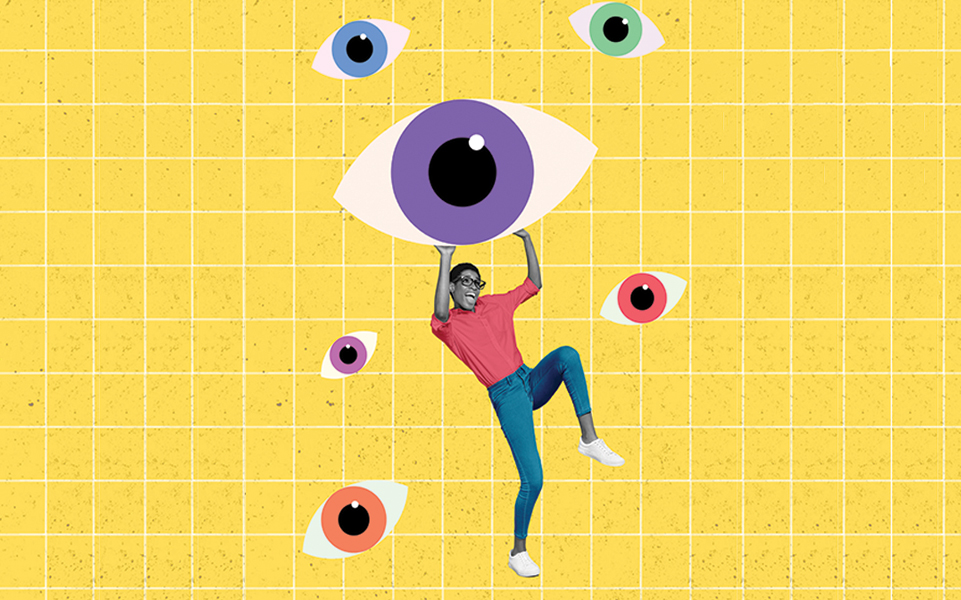 An illustration of a person hanging on an eyeball.