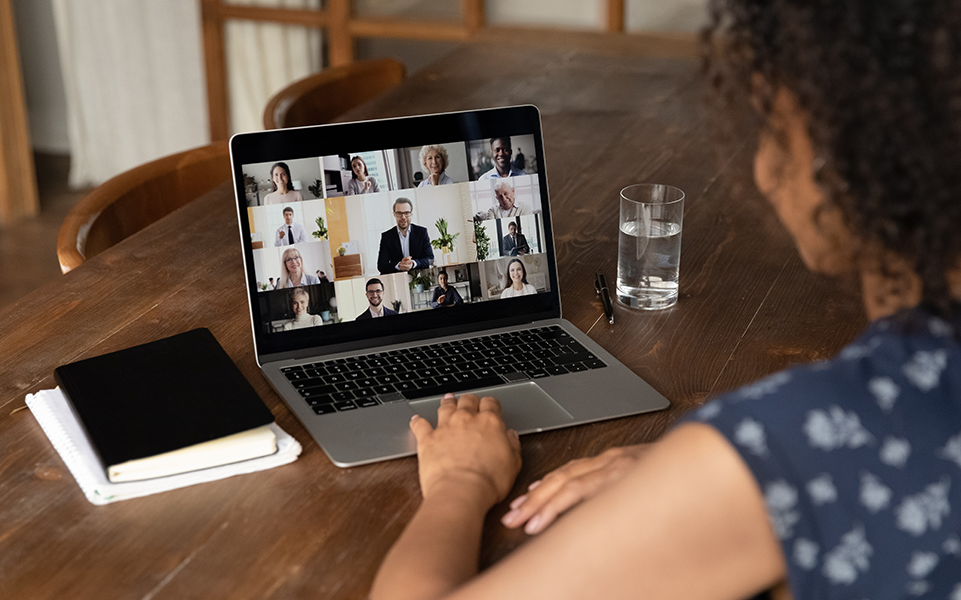 A group of people meet virtually.