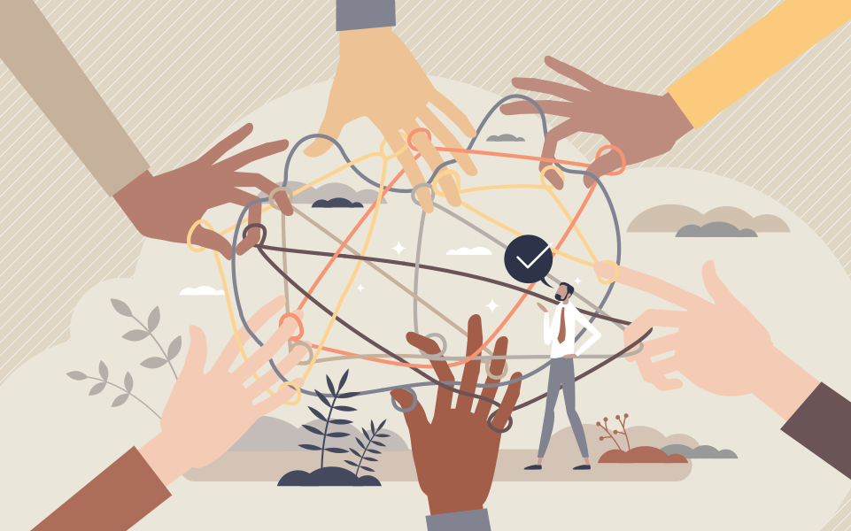 A composite illustration of hands creating a network.